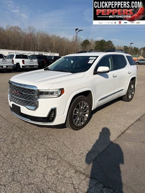 2023 GMC Acadia Denali in Summit White — front three-quarter view